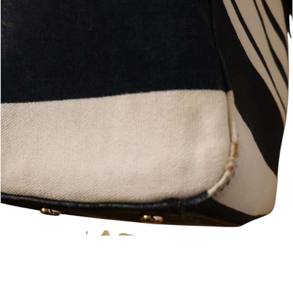 Kate Spade Bow Tote Black Cream Striped Canvas Shopper Bag Large - Picture 13 of 16